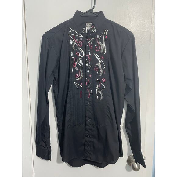 Vintage Wayne Scott Tuxedo Shirt Small Black Handpainted Abstract 80s Glam - Picture 1 of 7